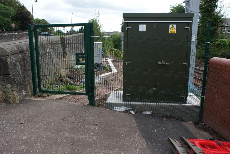 Photo of New DNO Cabinet and wider entrance gate beside DB14 Dunblane